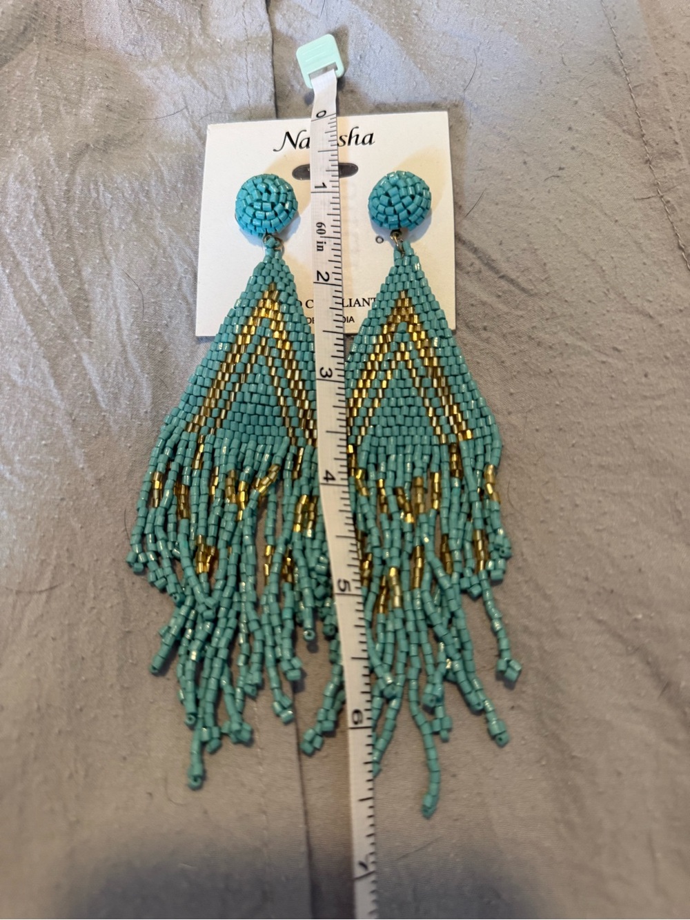 Natasha Couture Turquoise and Gold Seed Bead Fringe Earrings